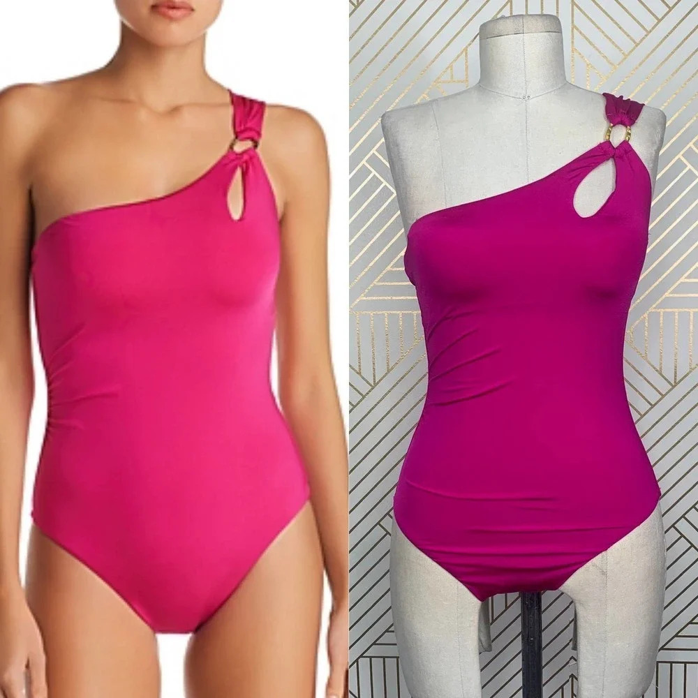 Trina Turk Getaway Solid One Piece One Shoulder Swimsuit Berry Pink‎ Size US 2